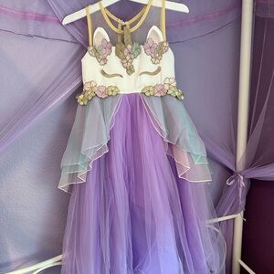 Girls' Purple Unicorn Tulle Formal Dress with Floral Embroidery